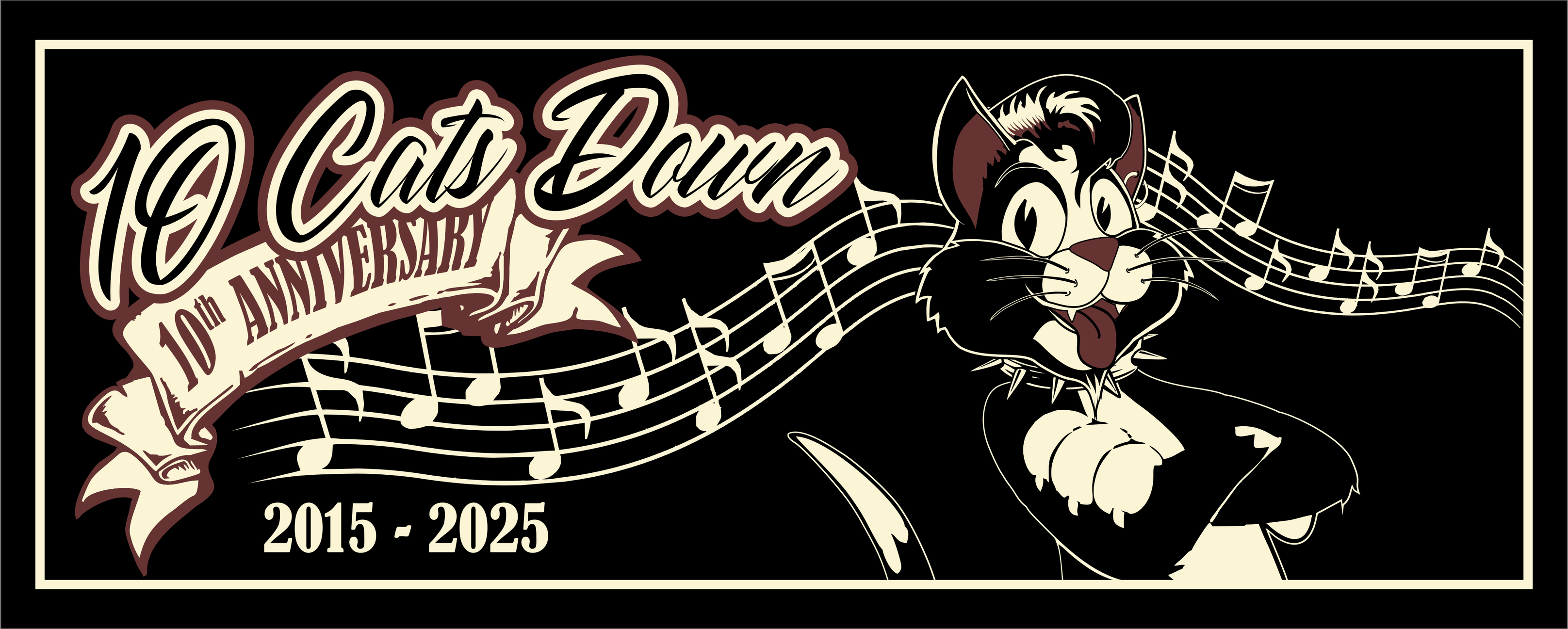 10 Cats Down 10th Anniversary 2015-2025 - Rockabilly cat with musical notes